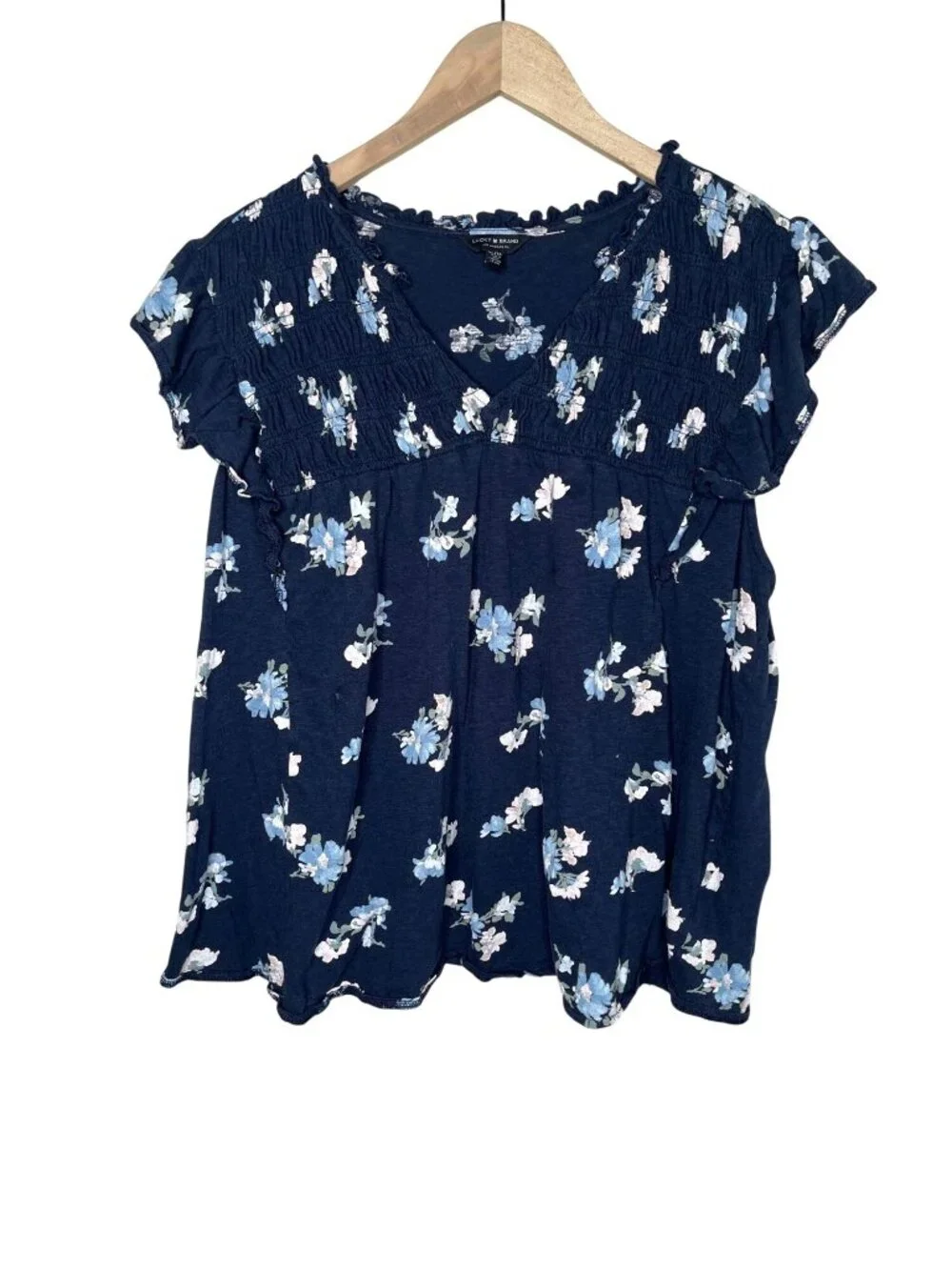 Lucky Brand Womens Navy Blue Floral Flutter Sleeve Top XL
